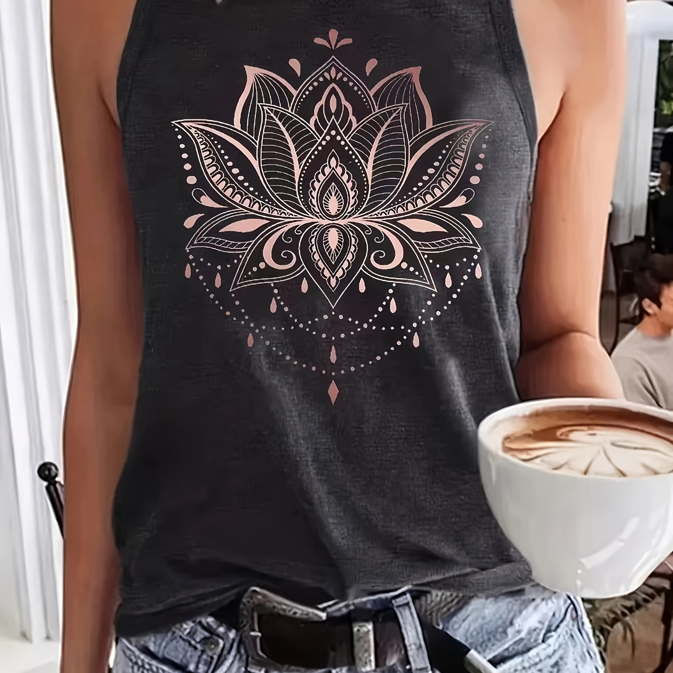 

Lotus Print Crew Neck Tank Top, Casual Sleeveless Top For Spring & Summer, Women's Clothing