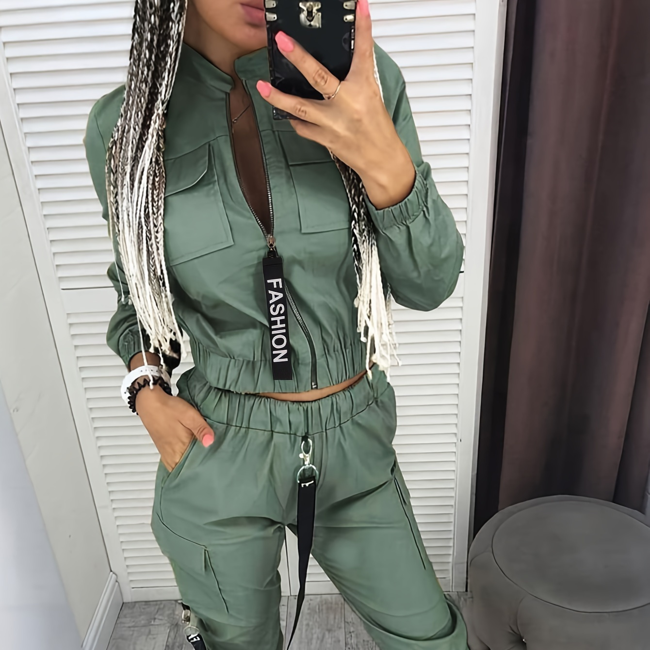

Casual Two-piece Set, Zip Front Long Sleeve Top & Elastic Waist Cargo Pants Outfits, Women's Clothing