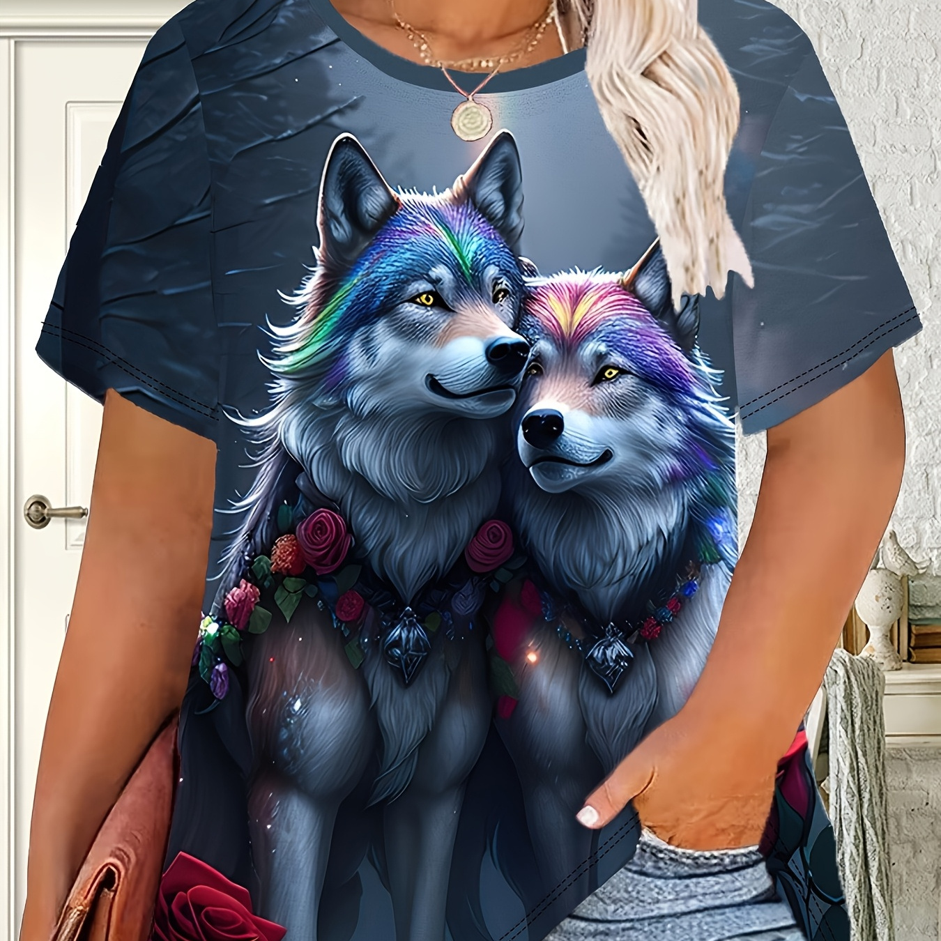 

Women's Plus Size 3d Wolf Print T-shirt - Casual Crew Neck, Short Sleeve Top For Summer