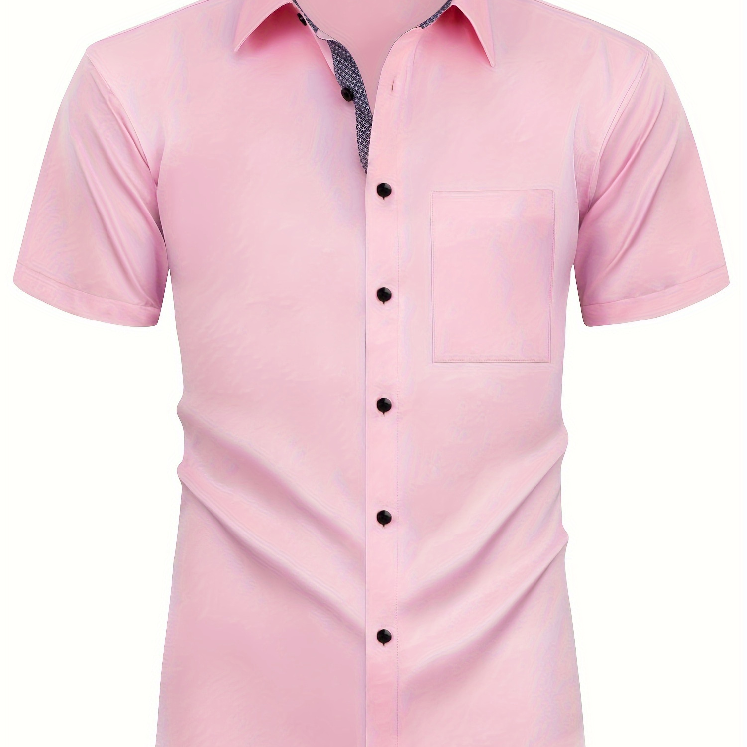 

Men's Solid Color Short Sleeve And Button Up Lapel Shirt, Contrast Color Graphic Print Neckline And Placket, Classic And Chic Design, Versatile And Casual Shirt For Business And Outdoors Wear