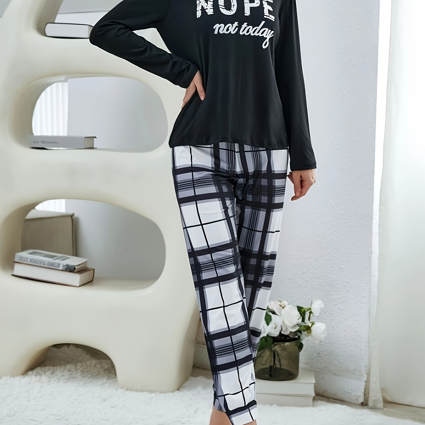 

Women's Casual Crew Neck Long Sleeve Top With "nope " Print And Long Pants Set, Polyester Knit Fabric, 95% Polyester 5% Spandex, Loungewear With Bow Detail