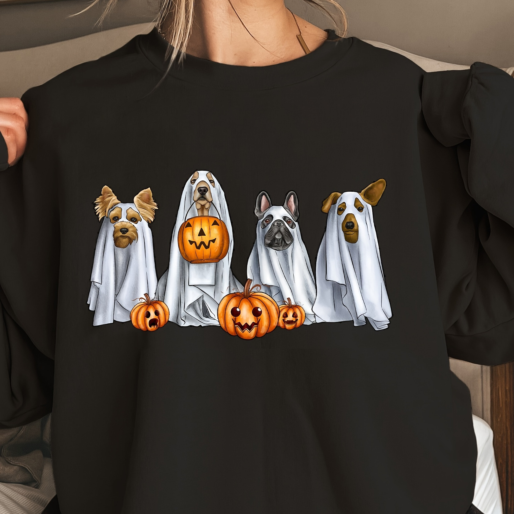 

Halloween Dog Ghost Print Pullover Sweatshirt, Casual Long Sleeve Crew Neck Sweatshirt For Fall & Winter, Women's Clothing