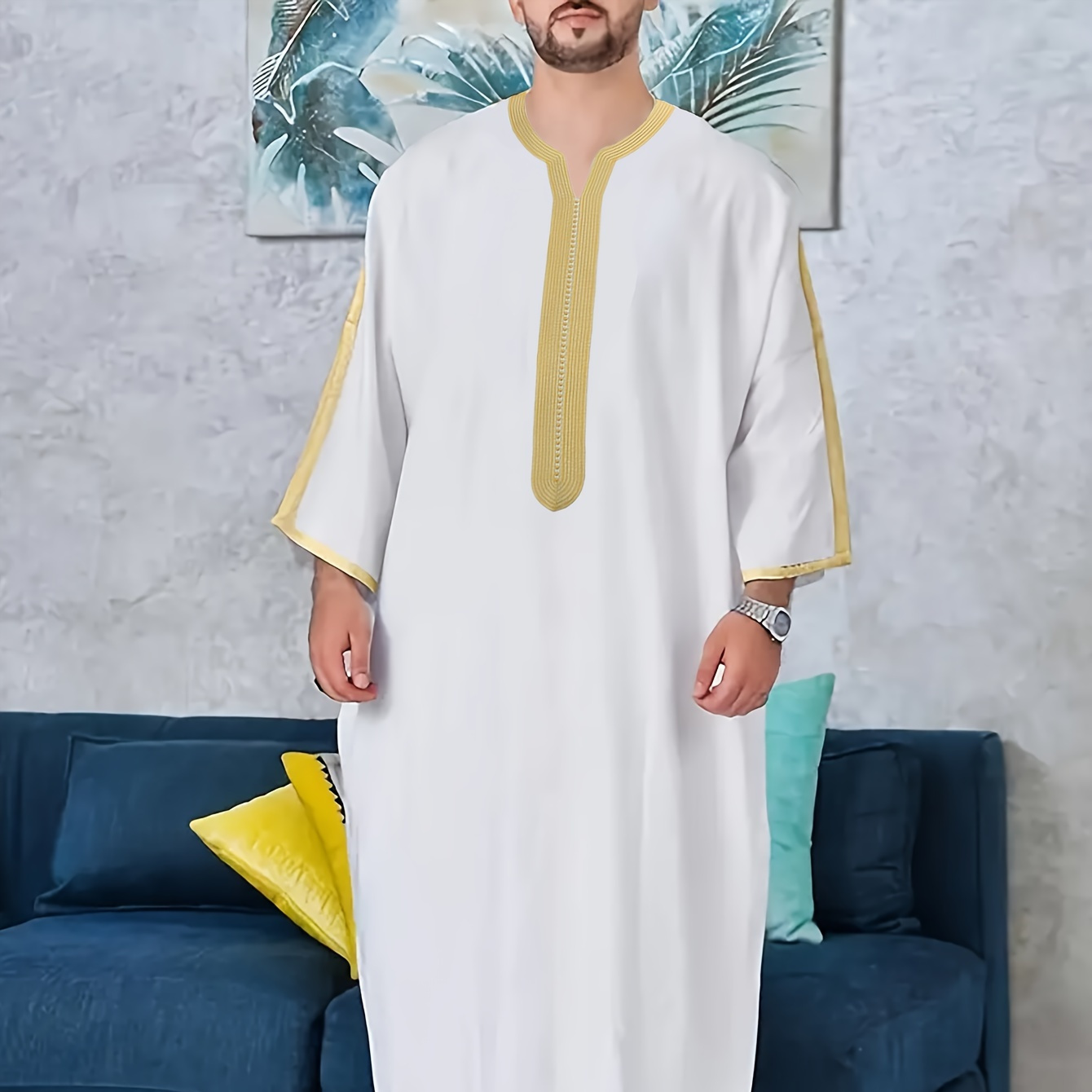 

Ramadan Thobe For Men Gandoura Side Pockets Embroidery Abaya Long Sleeve Muslim Kaftan Popular Robe Men's Abaya