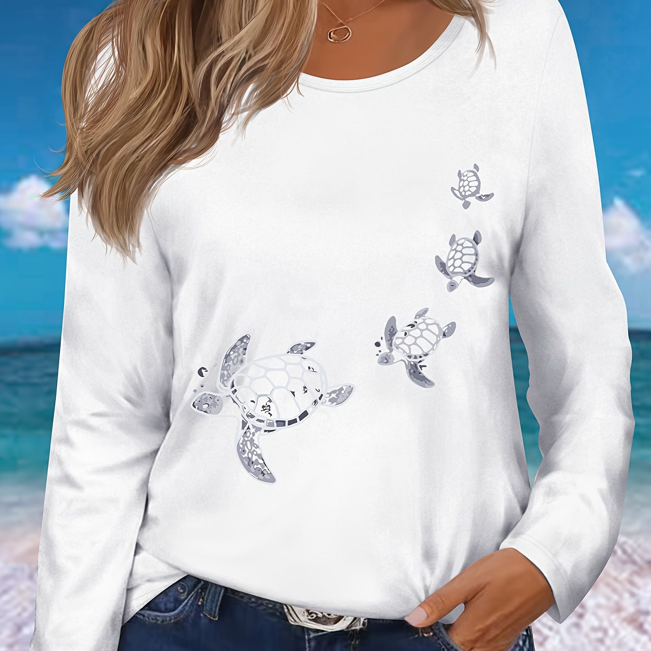 

Turtle Print T-shirt, Long Sleeve Crew Neck Casual Top For Spring & Fall, Women's Clothing