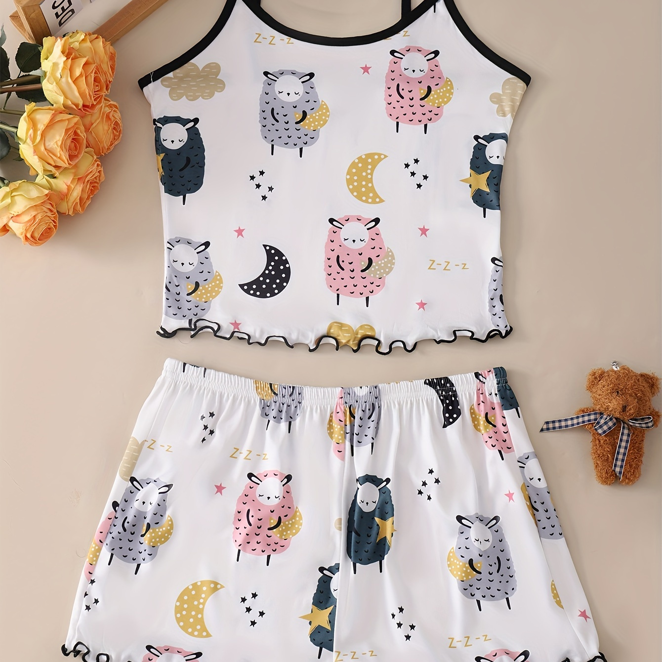 

Women's Cute Cartoon Sheep Print Pajama Set - Comfy Polyester & Elastane , Sleeveless Cami Top With Lettuce Trim Shorts, Machine Washable