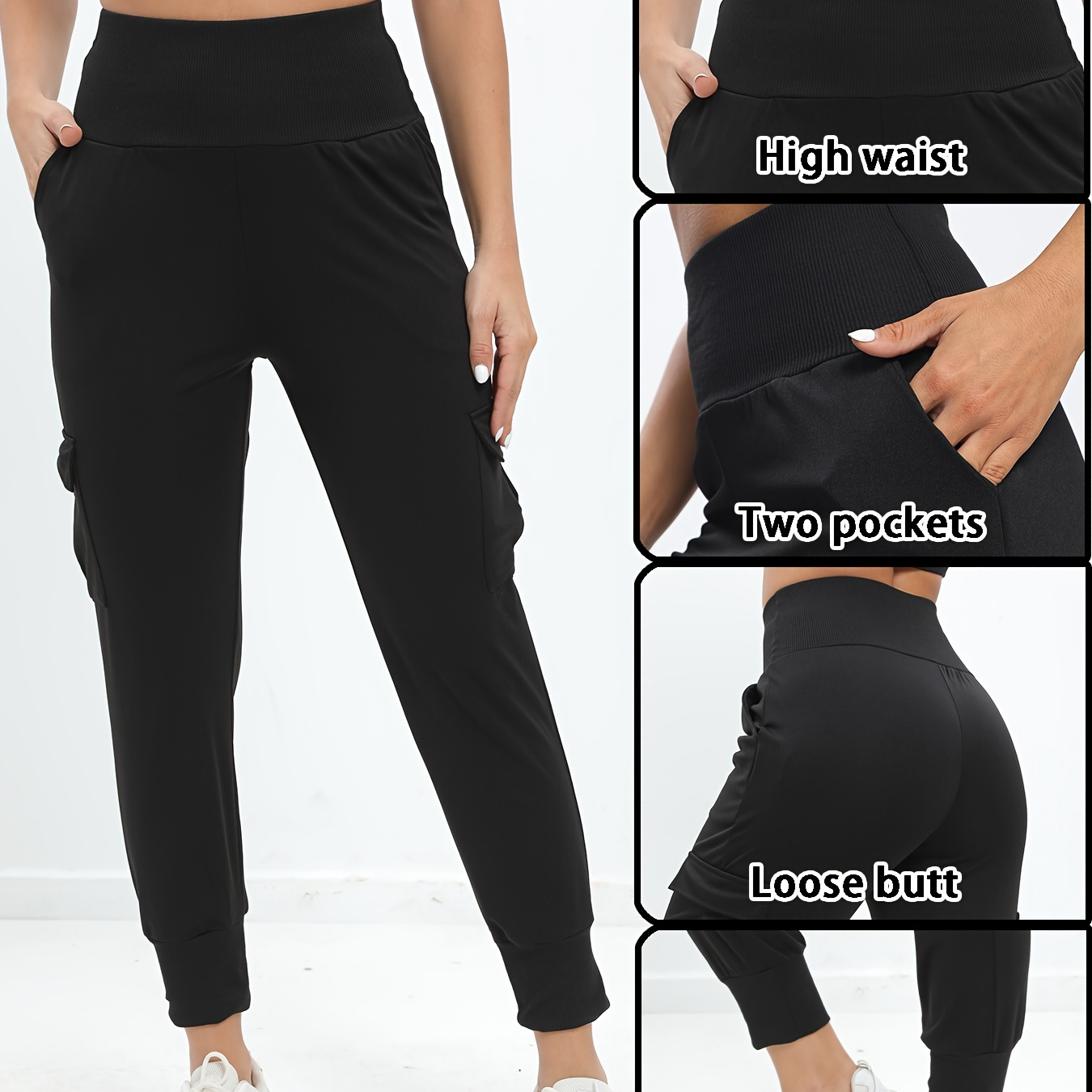 

Solid Color Breathable Jogger Pants, High Waist With Pockets Running Fitness Trousers, Women's Activewear