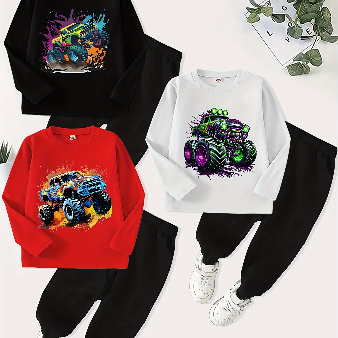 

Boys' 3pcs -road Truck Print Outfit Set - Comfy Long Sleeve Crew Neck Tops & Casual Pants For Spring/fall, Truck Pattern, Middle And Small Sizes, Outdoor