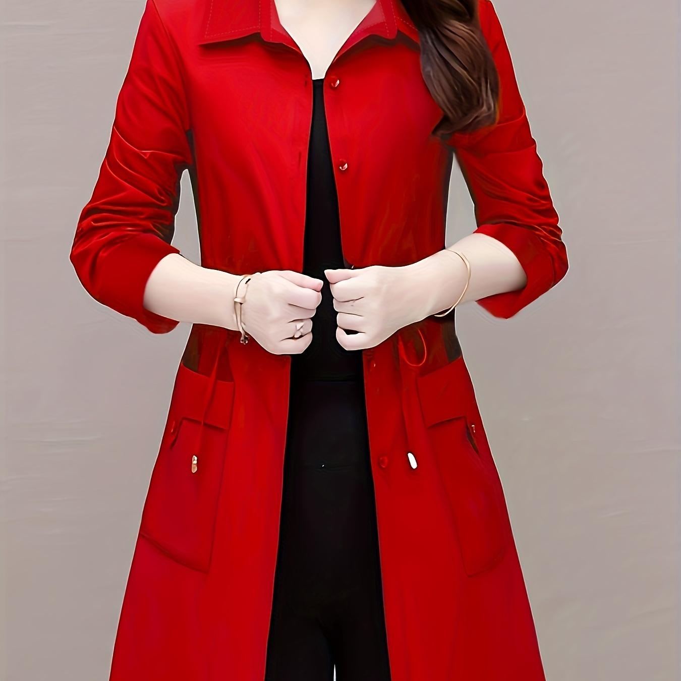 

Dual Pockets Button Front Jacket, Casual Long Sleeve Solid Color Drawstring Waist Top For Spring & Fall, Women's Clothing