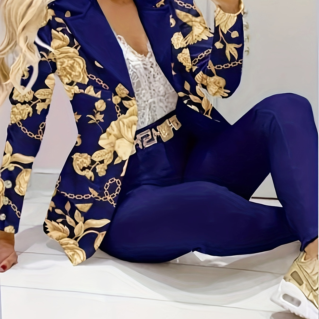 

Women's Elegant Floral Print Chain Print Blazer Set, Polyester Spandex , Machine Washable, Spring/autumn Fashion