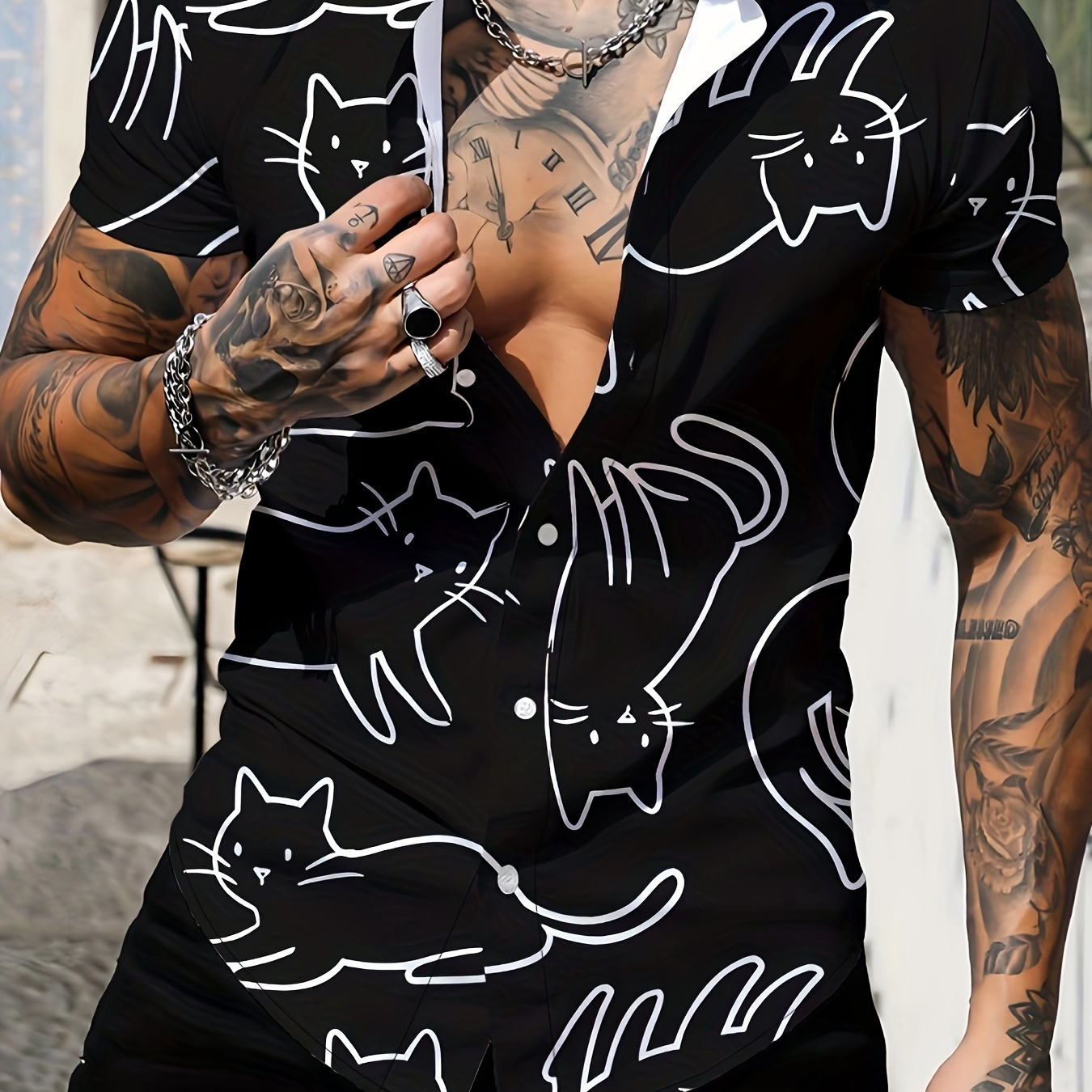 

Cartoon Cat Graphic Design Men's Casual Short Sleeve Button Down Shirt Collared Summer Hawaiian Beach Shirts