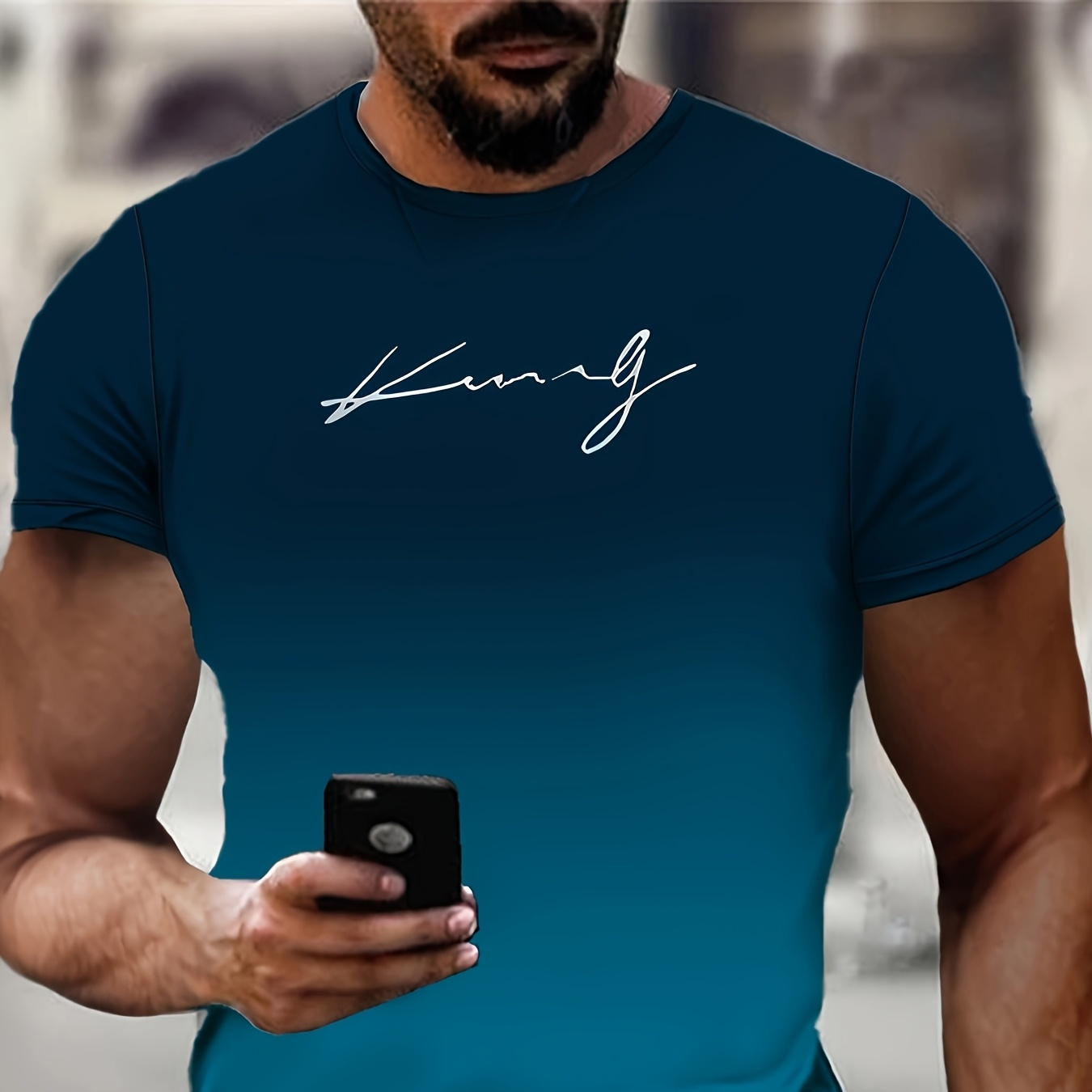 

Men's Casual Crew Neck T-shirt, Polyester & Spandex , Stretch, 3d Print Gradient Design, Short Sleeve, Fashionable Summer Knit Top For Adults, For Sports & Fitness