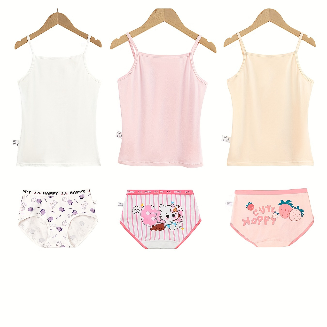 

3 Sets Girls Cotton Underwear - Cute & Sweet Cartoon Pattern Print Tank Tops With Matching Panties, Breathable Comfortable Vest And Underpants Set For Young Girls