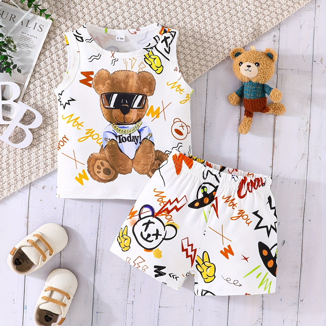 

Toddler Boys 2-piece Outfit Set, Cute Cartoon Hip-hop Teddy Bear Letters Summer Sleeveless Round Neck T-shirt And Shorts Combo, Casual Fashion