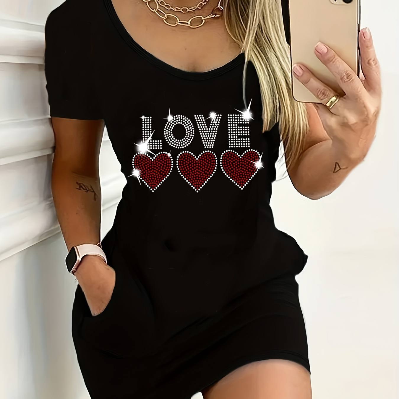 

Stylish Women's Letter Love Rhinestone Pocket Dress With Elegant Targeted Ladies' Short Sleeve Pocket Hip Skirt