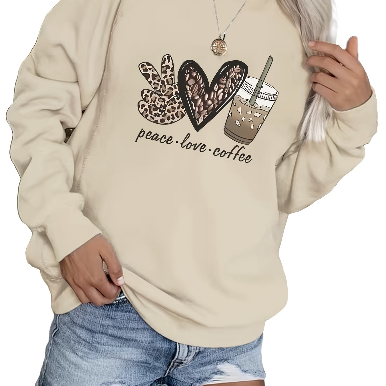 

Peace Love Coffee Print Sweatshirt, Casual Crew Neck Long Sleeve Sweatshirt, Women's Clothing