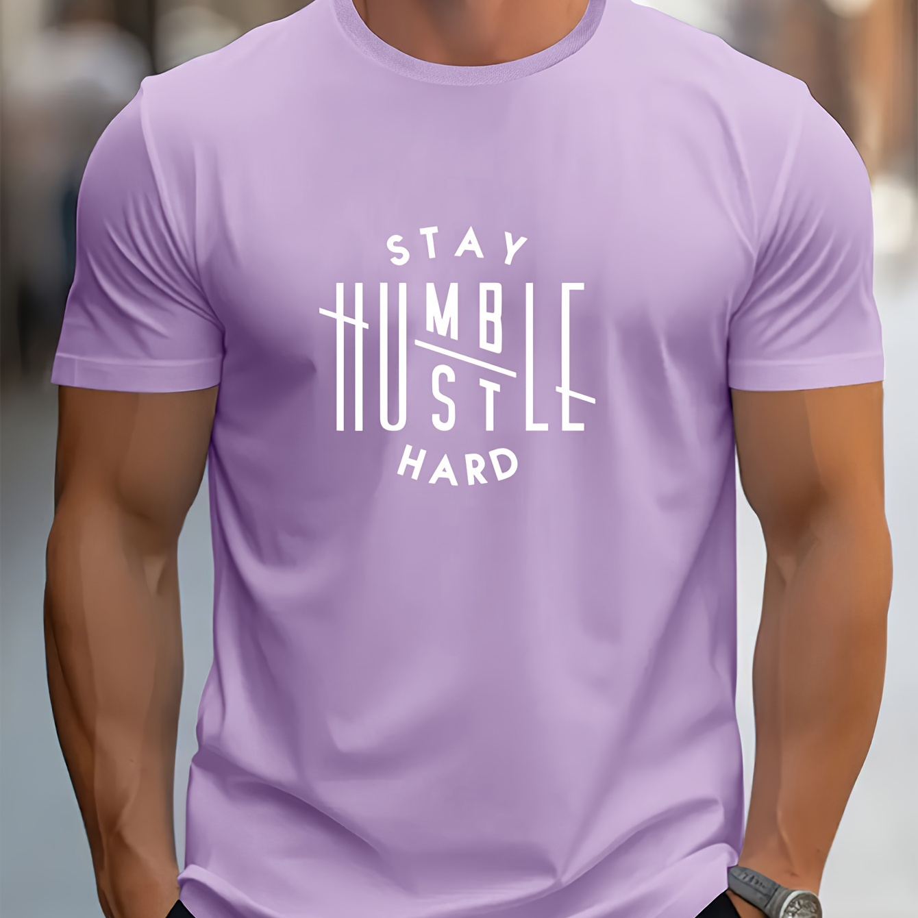 

Men's Stay Humble Letter Print Short Sleeve T-shirts, Comfy Casual Elastic Crew Neck Tops For Men's Outdoor Activities