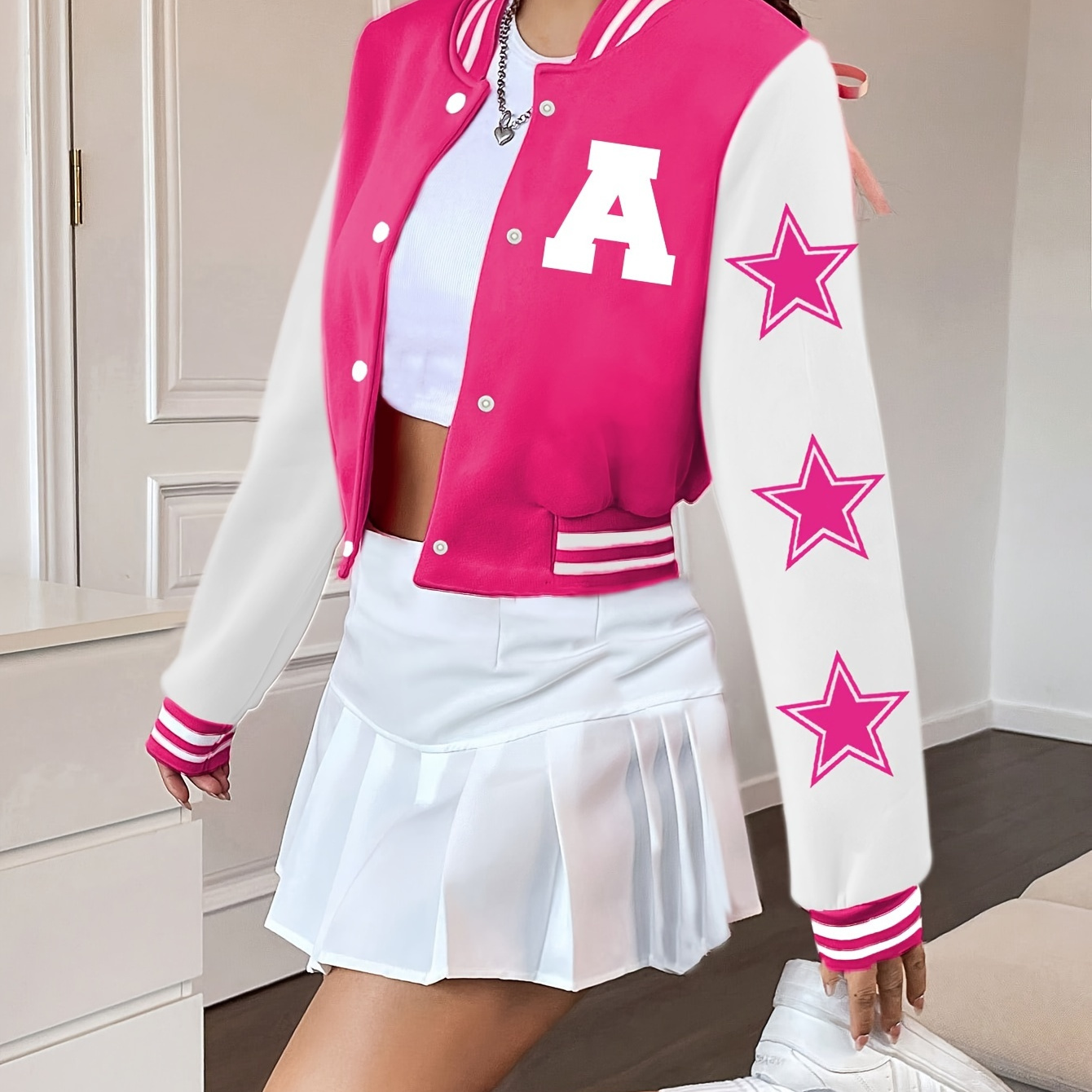 

Girl's Fashion Outdoor Cropped Jacket With Letter A Logo Print And Stylish Stars Print On The Sleeves, Comfy Casual Two-tone Color Block Outerwear For Daily And Outdoor, Fall And Winter