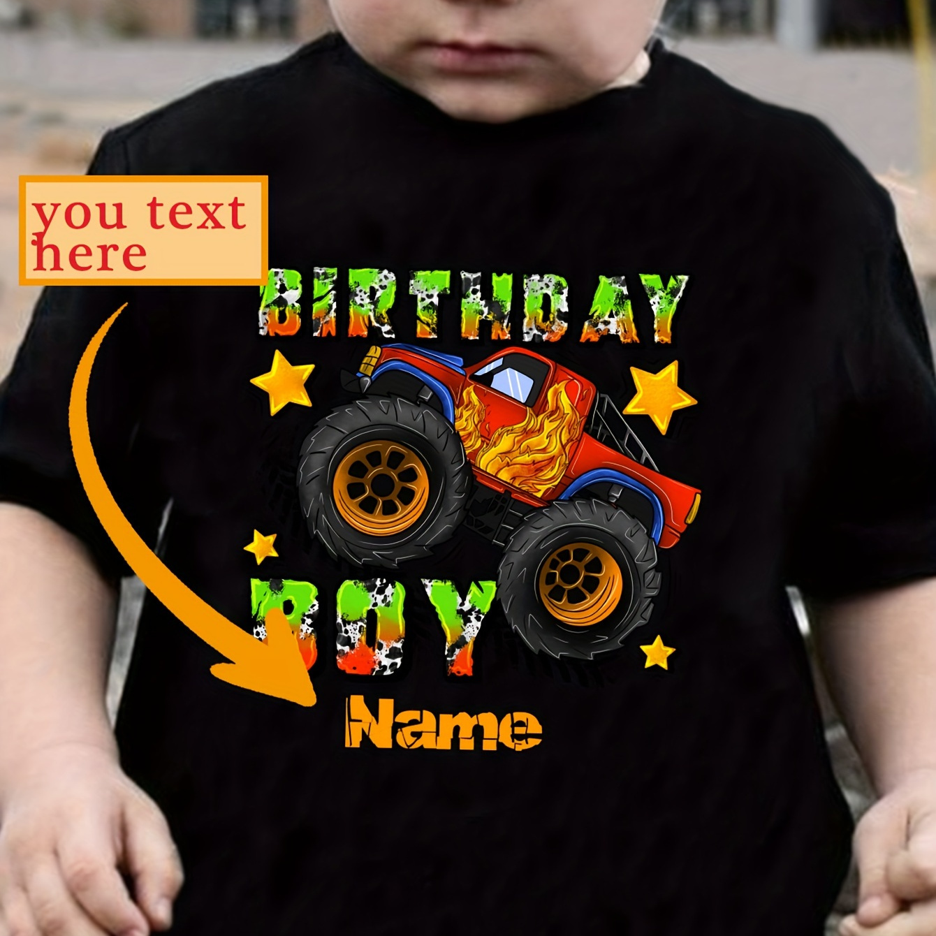 

Boys Customized T-shirt, Monster Truck & Birthday Boy Name Customized Letter Print Comfortable Round Neck Top For Summer Birthday Gift