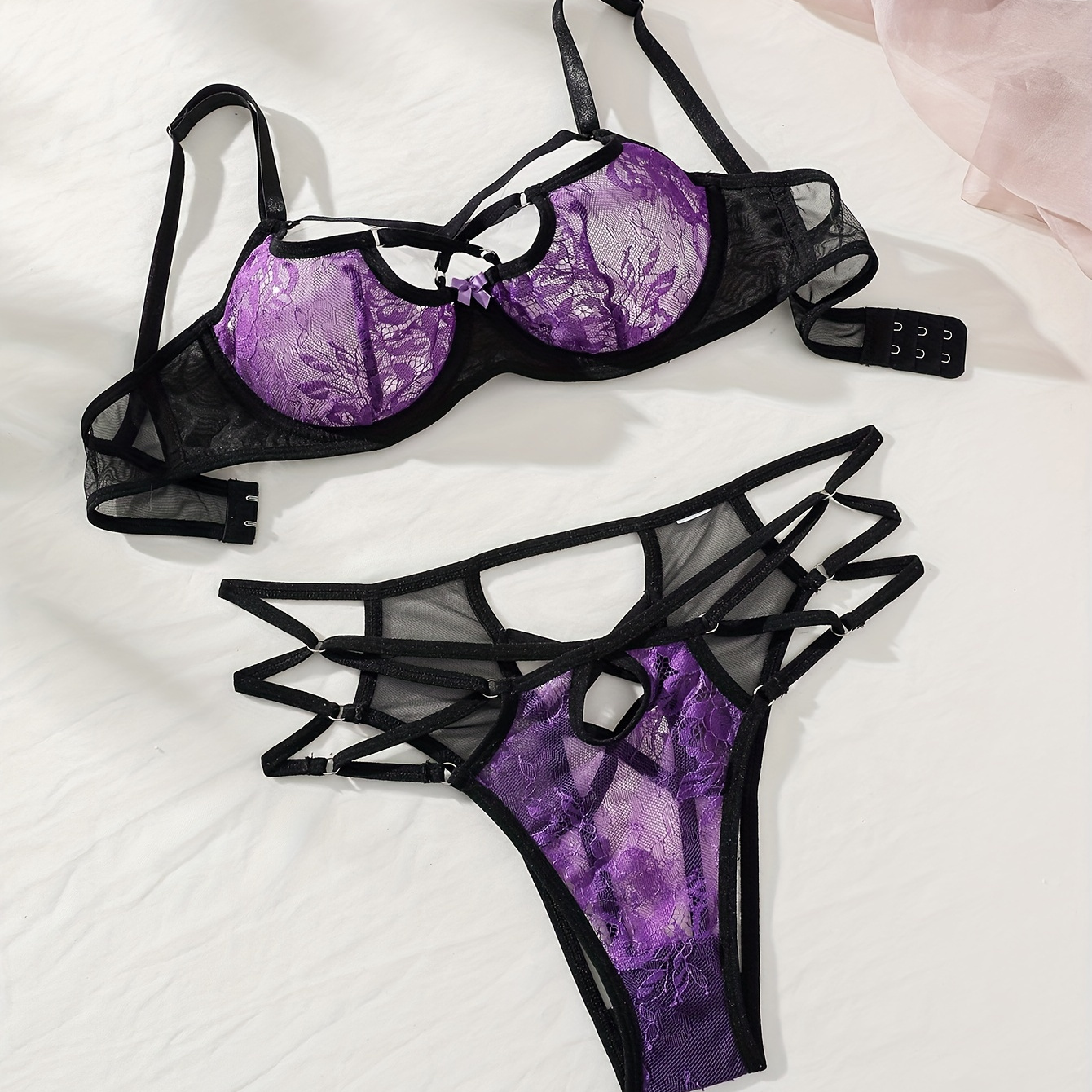 

Women's 2-piece Lingerie Set, Purple Lace Sexy Push-up Bra And Panties, Anti-sagging Underwire Bra, Petite To Plus Size, Strappy Detail
