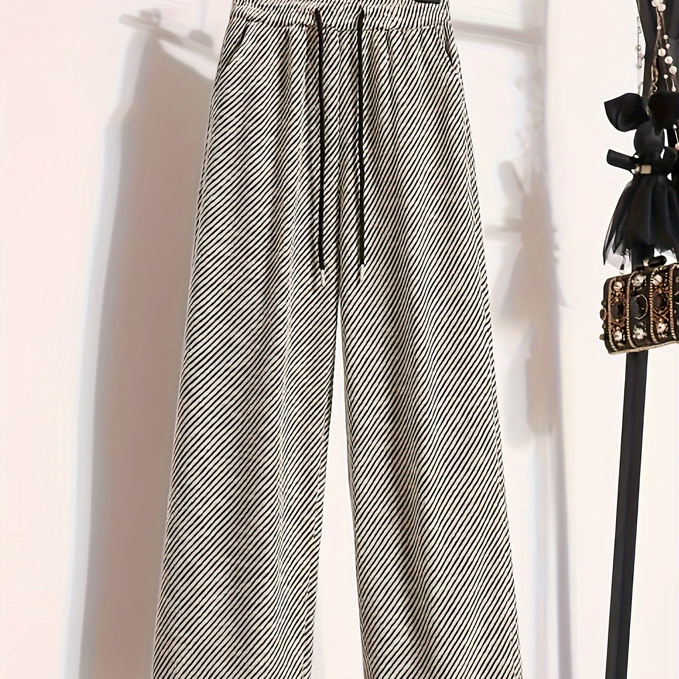 

Striped Wide Leg Pants, Casual Drawstring High Waist Loose Pantswith Pocket, Which Can Cover Flesh And Make You , Suitable For And Sports, Women's Clothing