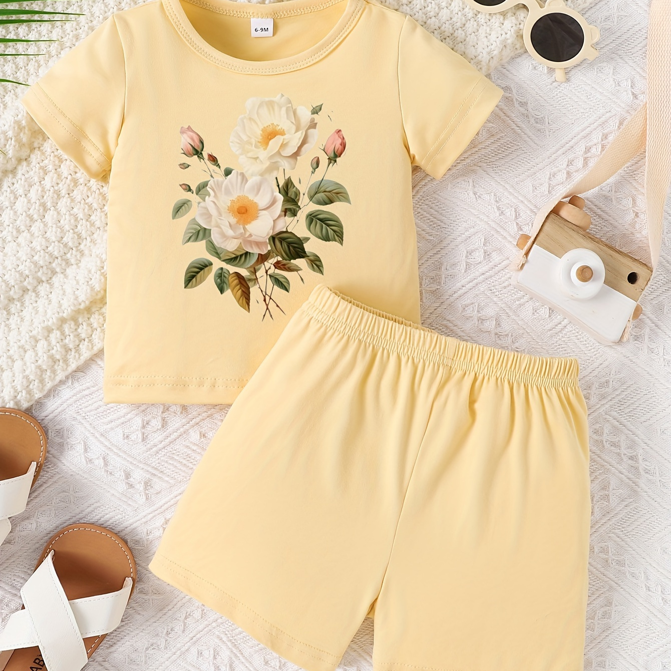 

Baby's Cartoon 3d Flower Print 2pcs Casual Summer Outfit, T-shirt & Shorts Set, Toddler & Infant Girl's Clothes For Daily/holiday, As Gift