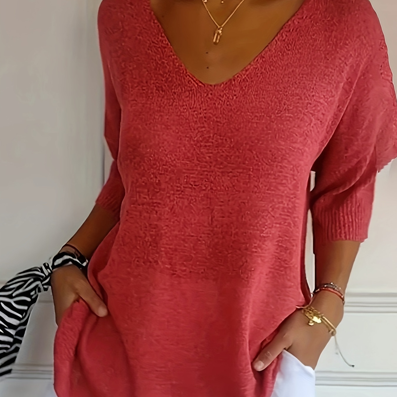 

Solid Color V Neck Sweater, Elegant 3/4 Sleeve Knit Top For Spring & Summer, Women's Clothing