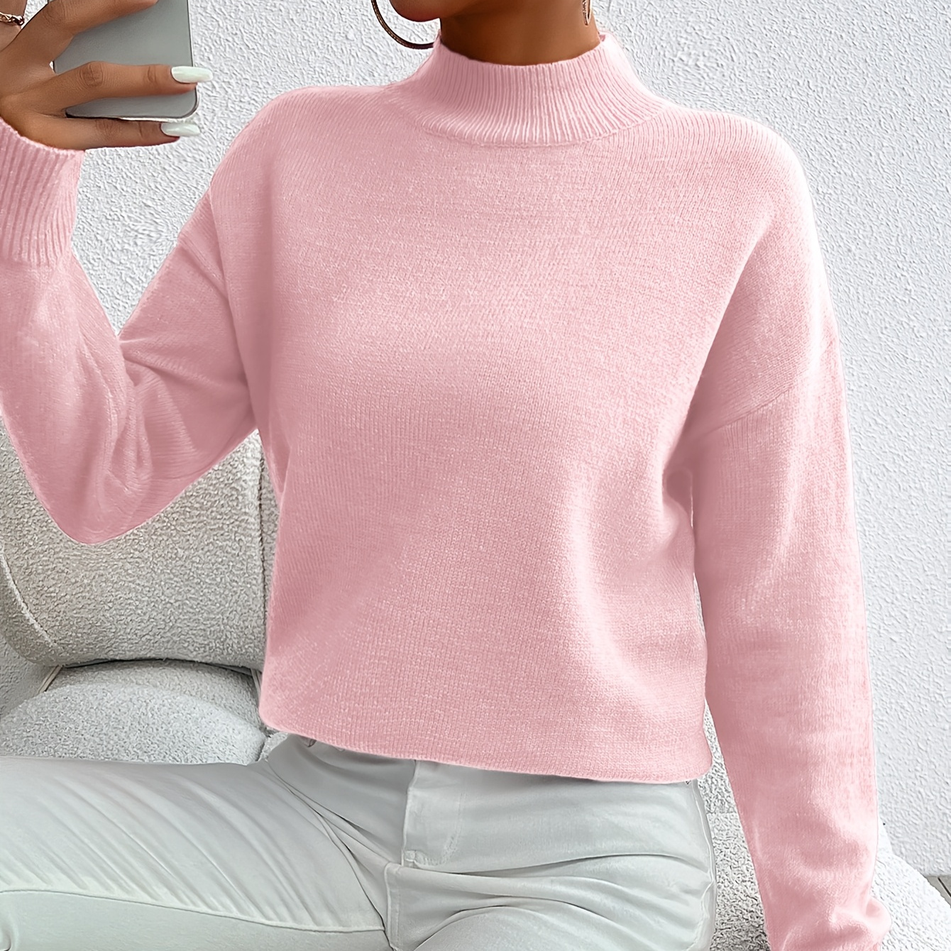 

1pc Pullover à col rond en acrylique pour femme - Pullover à manches longues et épaules tombantes avec tissu tricoté extensible moyen pour /hiver