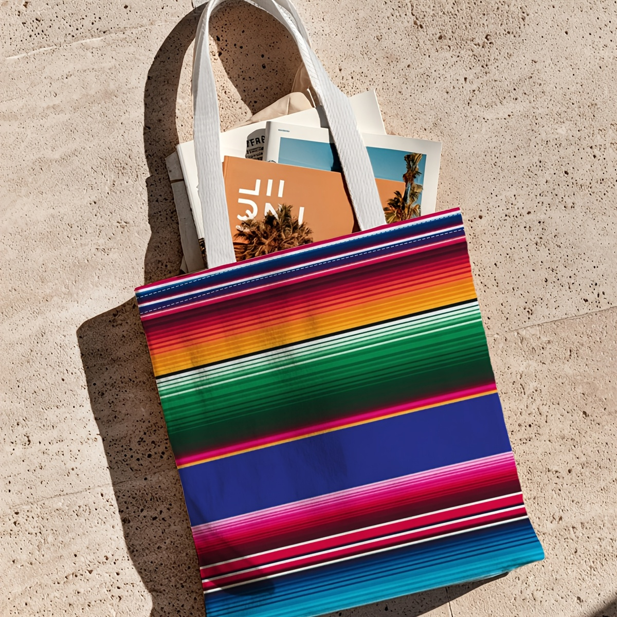 TEMU A Vibrant Striped Tote Bag With A 2d Flat Design, Featuring Duplex Prints Of Colorful Mexican Blanket Patterns. Ideal For Trips To Market,
