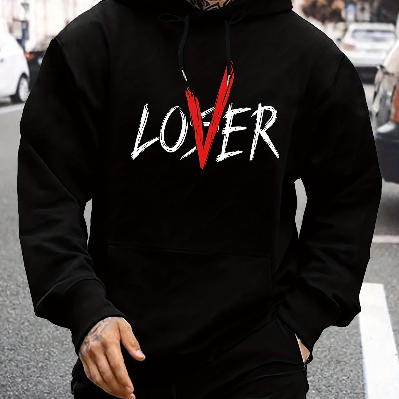 

Lover Print Men's Pullover Round Neck Long Sleeve Hooded Sweatshirt Pattern Loose Casual Top For Autumn Winter Men's Clothing As Gifts