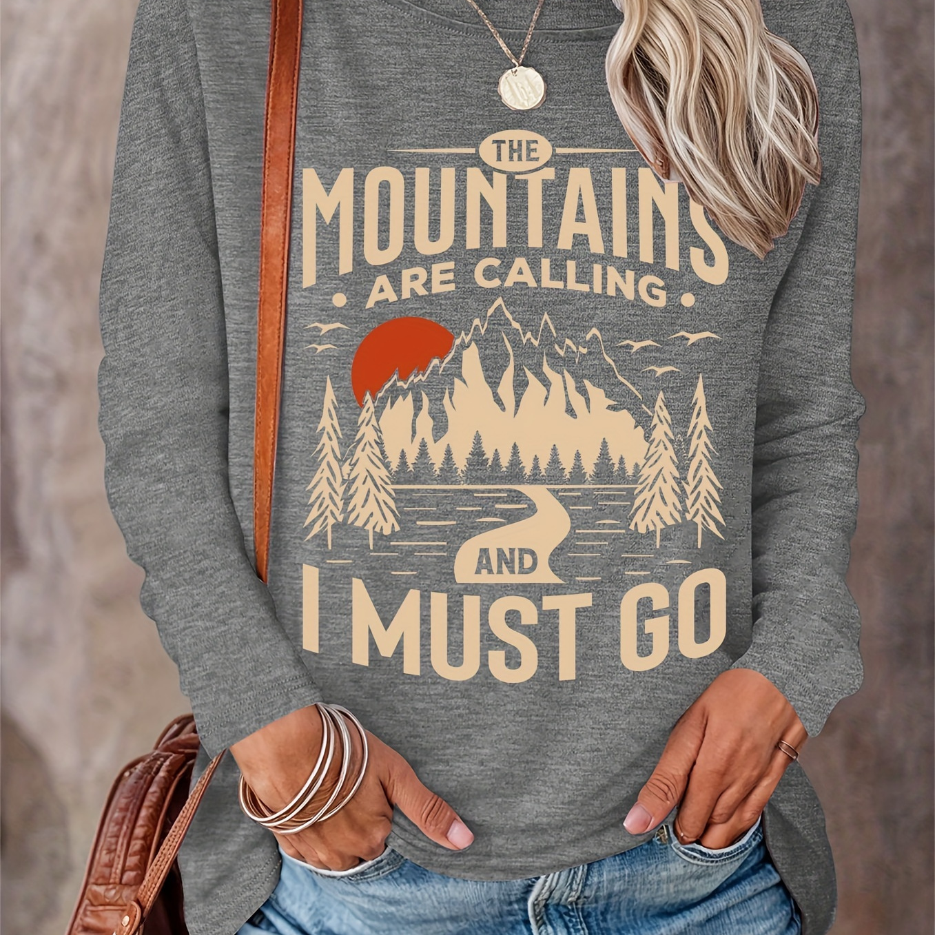 

Women's Casual Crew Neck Long Sleeve T-shirt With "the Mountains Are Calling And I Must Go" Print, Polyester Blend Knit Fabric, Perfect For Spring/fall