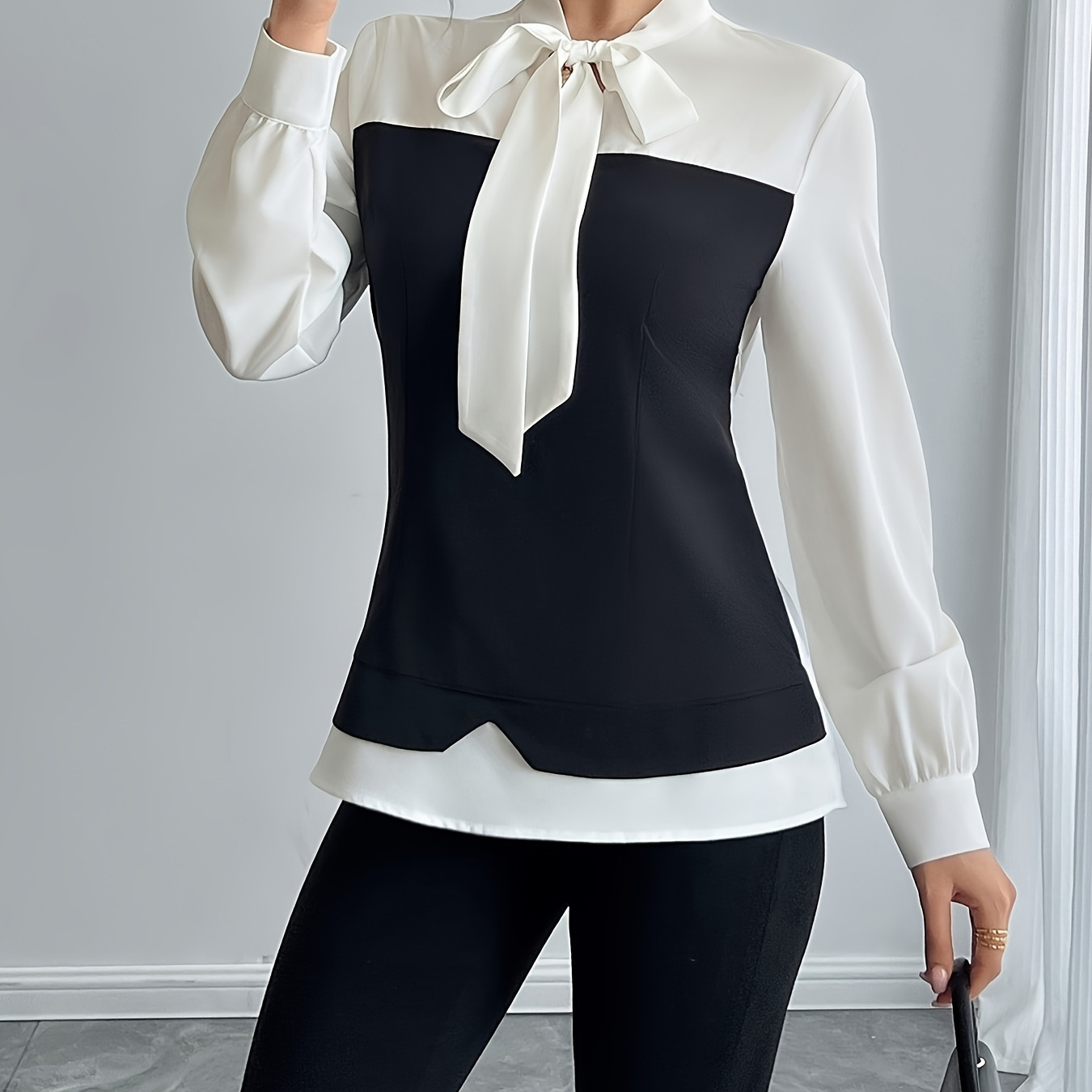 

1pc Elegant High Neck Color Block Shirt With Bow Tie Detail, Polyester 95% Elastane 5%, Woven Solid Color, Adult Shirting