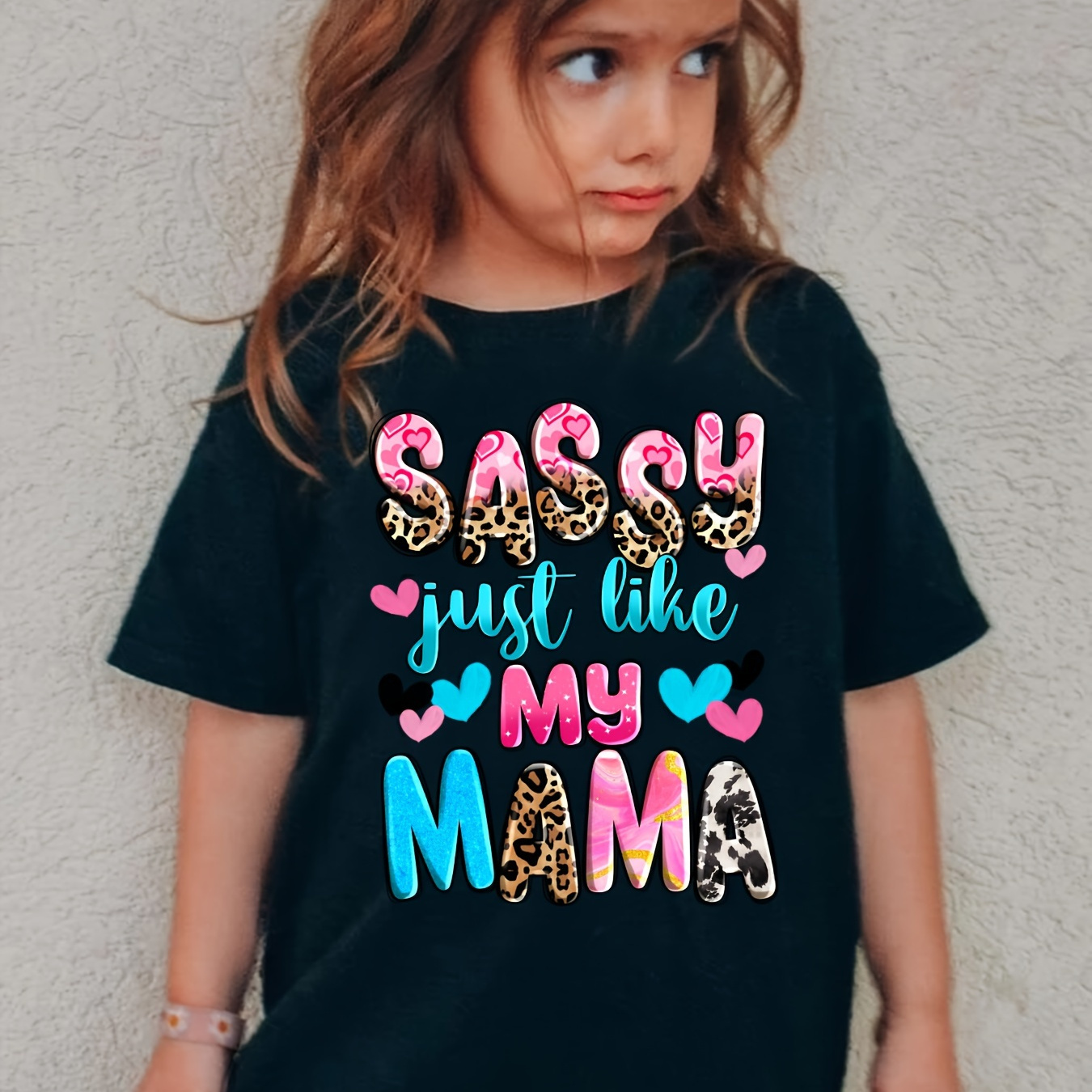

Sassy Just Like My Mama & Hearts Graphic Print, Girls' Casual Comfy Crew Neck Short Sleeve T-shirt For Spring And Summer, Girls' Clothes For Outdoor Activities
