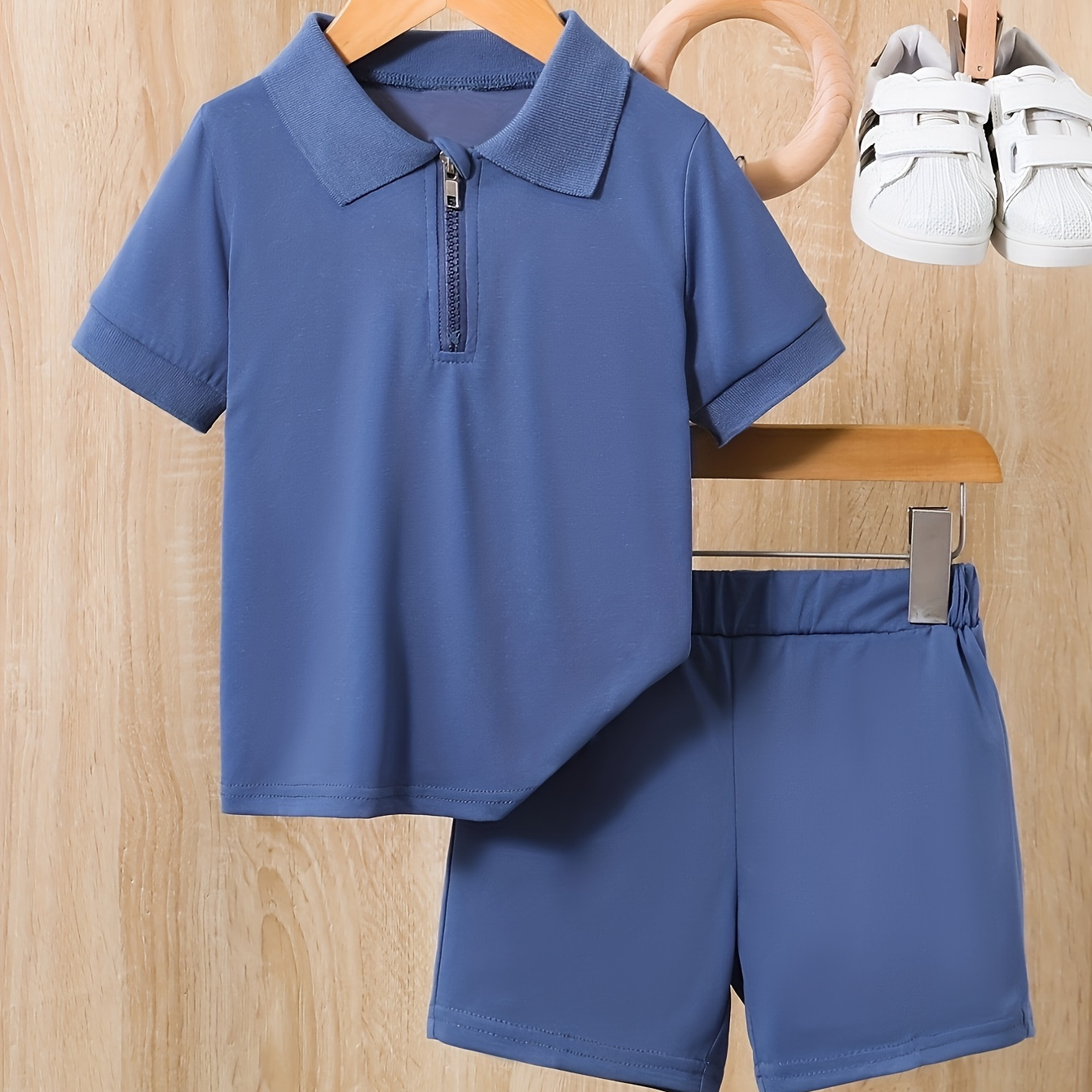 

Boys Plain Color Zipper Shirt And Shorts Set, Casual Short Sleeve Top And Pants For Summer Kids Children