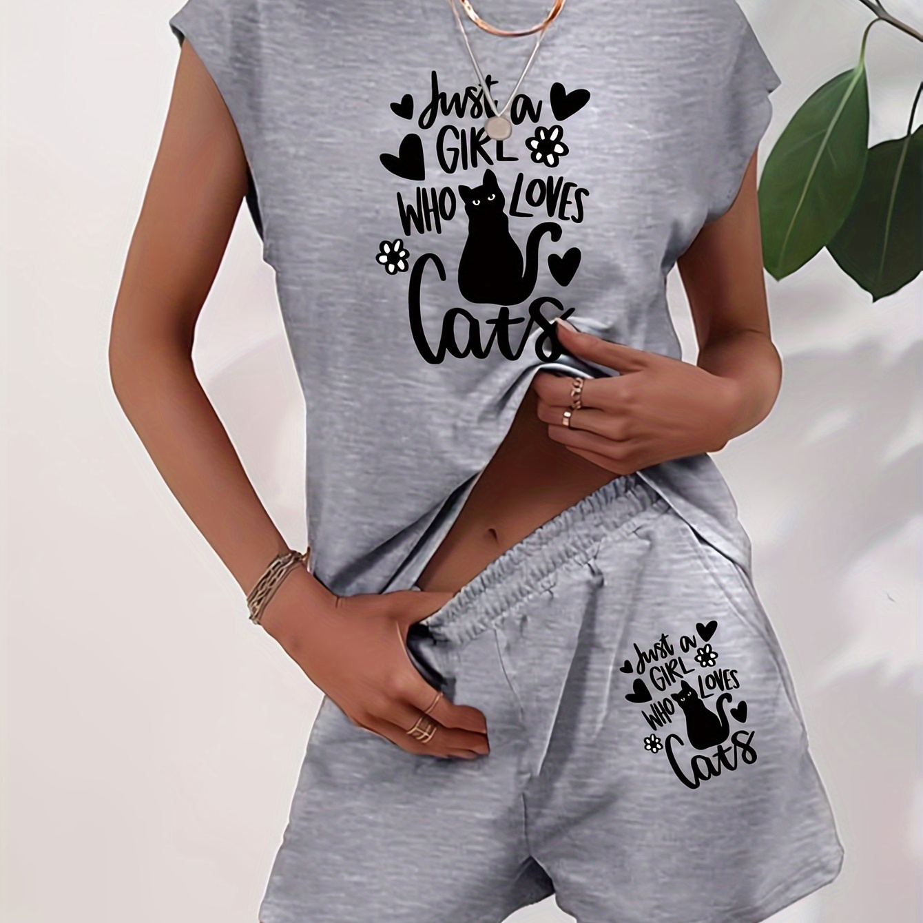 

Letter & Cat Print 2 Piece Set, Cap Sleeve T-shirt & Shorts, Women's Clothing