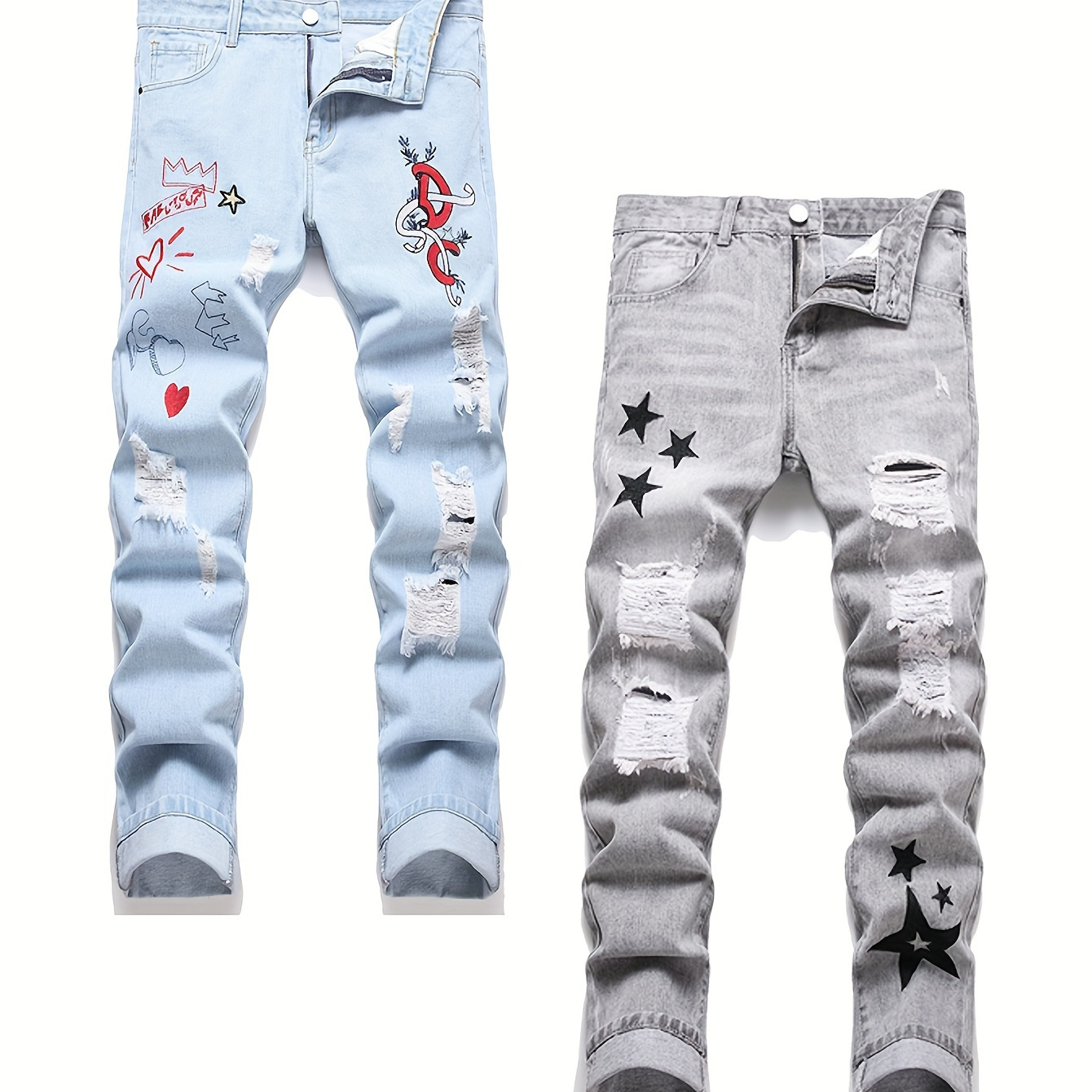 

Two-piece Men's Star Embroidered & Heart-shaped Embroidered Ripped Jeans, Slim Jeans, Fashionable Casual Men's Pants, Distressed Ripped Skinny Jeans For Men, Halloween Gifts