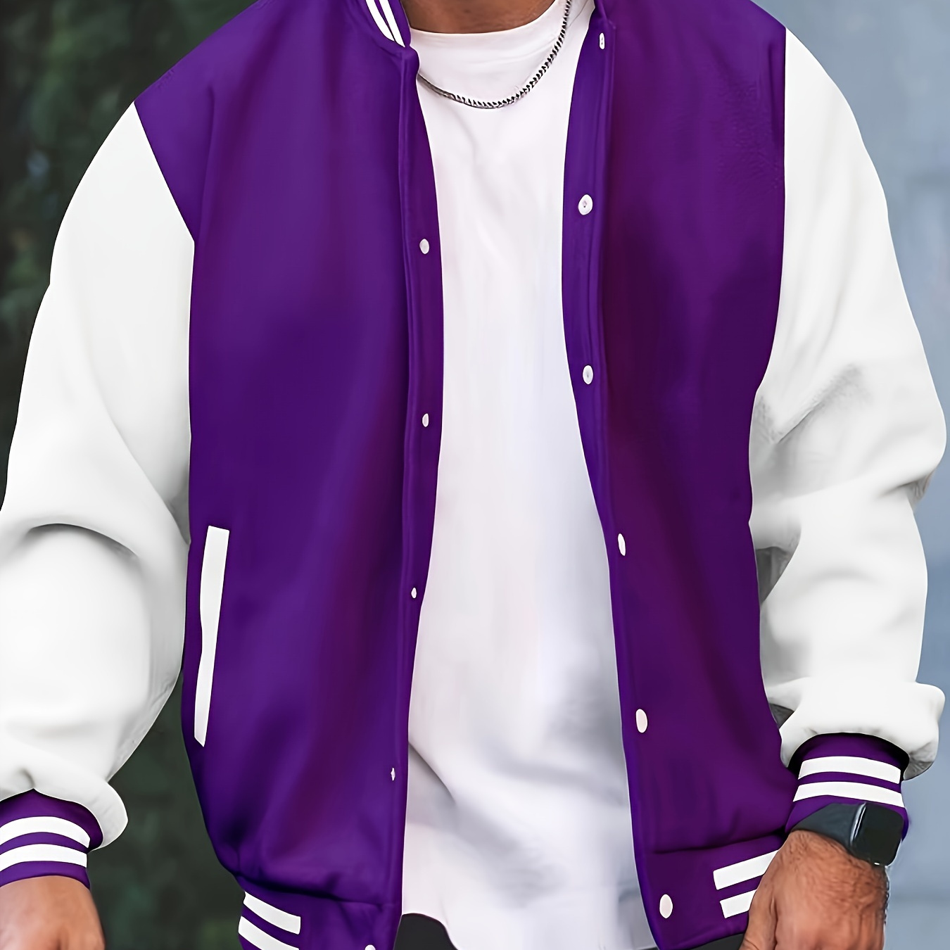 

Men's Casual Button Up Varsity Jacket, Chic Color Block Baseball Collar Jacket