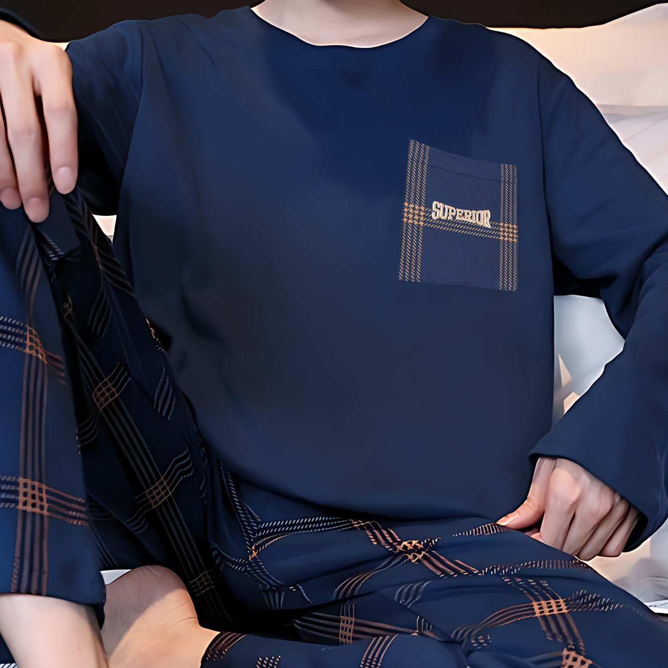 

2 Pcs Men's Letter Pocket Contrast Color Round Neck Long Sleeve & Plaid Trousers Pajama Set, Comfortable & Skin-friendly Style Pajamas For Men's Cozy Loungewear