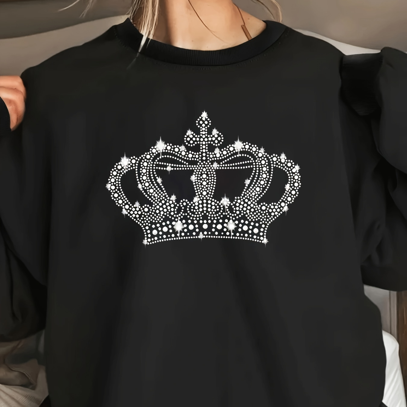 

Crown-shaped Rhinestone Pullover Sweatshirt, Casual Long Sleeve Crew Neck Sweatshirt For Fall & Winter, Women's Clothing