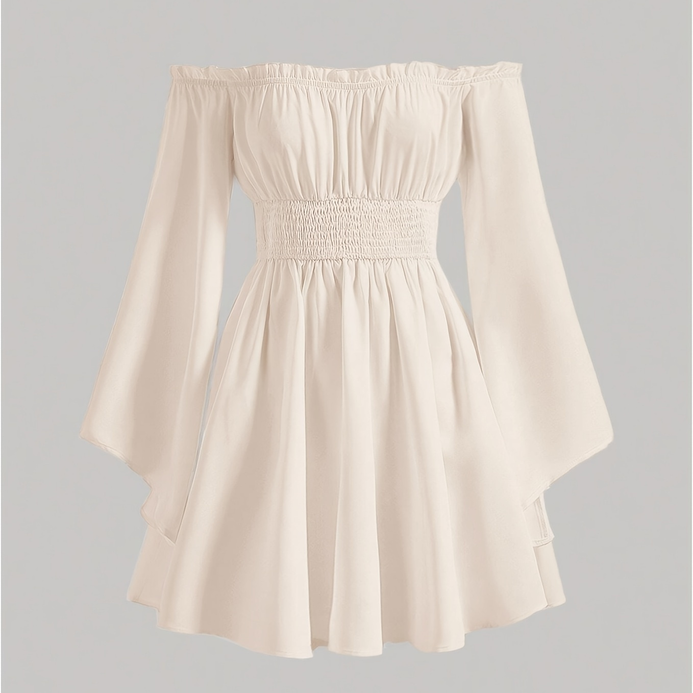 

Solid Color Off Shoulder Dress, Elegant Flare Sleeve Shirred Waist Dress For Spring & Fall, Women's Clothing