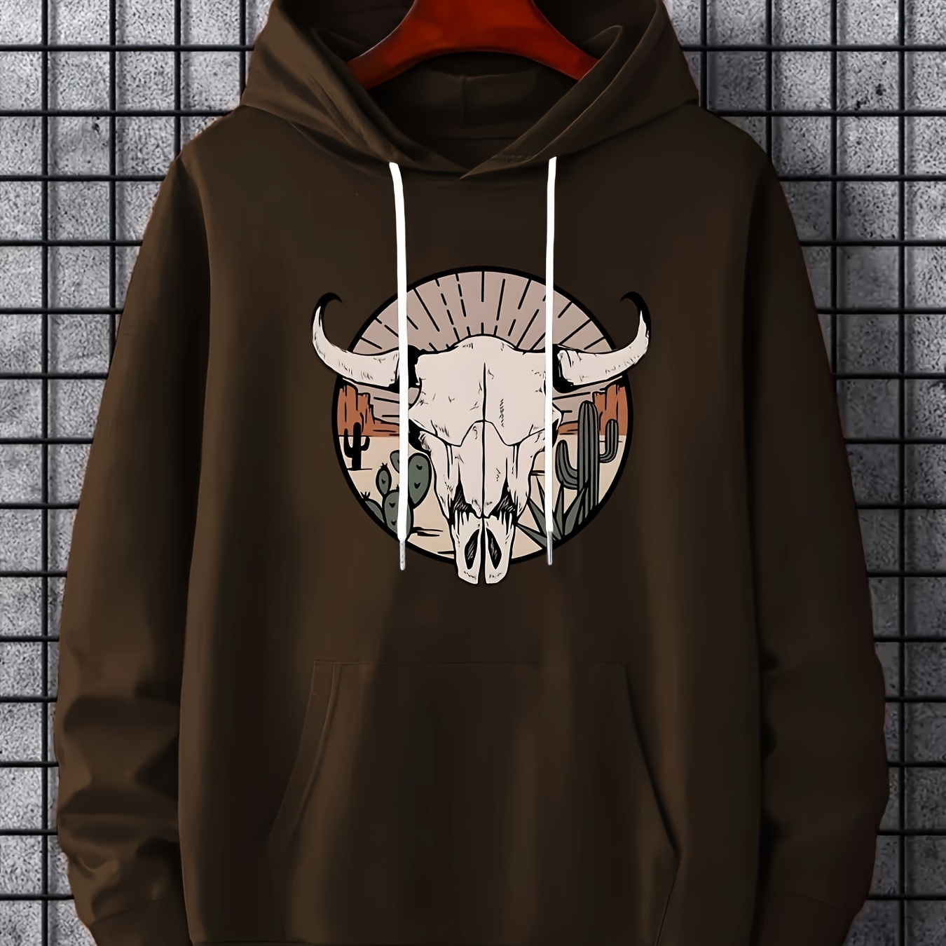 

Bull Print Hoodies For Men, Graphic Hoodie With Kangaroo Pocket, Comfy Loose Trendy Hooded Pullover, Mens Clothing For Autumn Winter