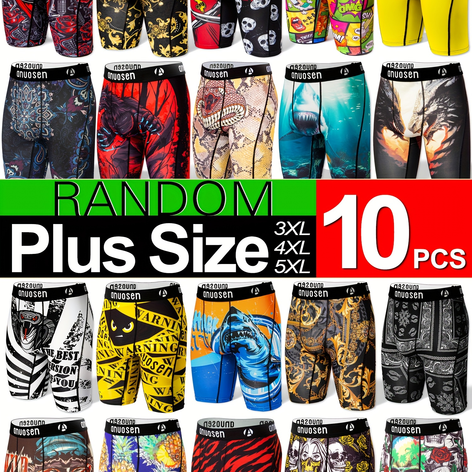 

Plus Size Men' Boxer Briefs 10-pack - Moisture Wicking Polyester & Elastane Blend, Knit Fabric With Medium Stretch, Assorted Animal & , Comfortable Long Leg Workout Trunks