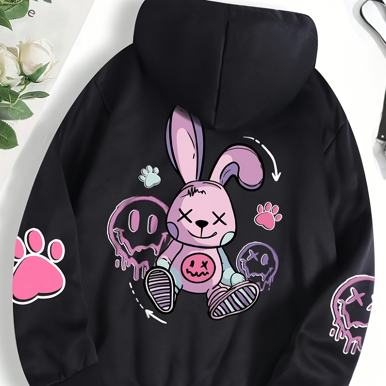 

Sweat à capuche imprimé lapin de dessin animé, sweat-shirt à capuche décontracté avec cordon de serrage pour l'hiver et l'automne, vêtements pour femmes