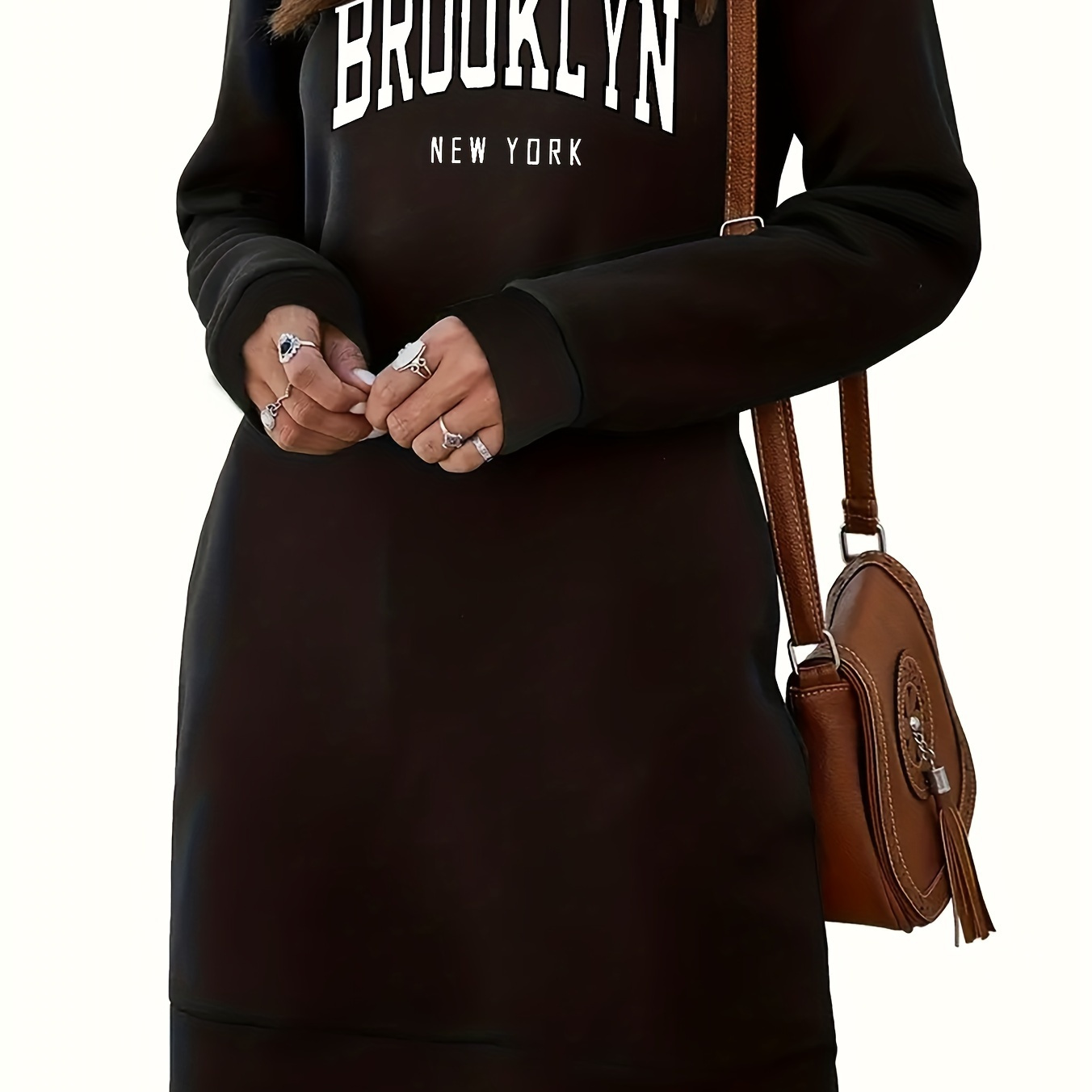 

Neck Pockets Dress, Casual Long Sleeve Dress For Spring & Fall, Women's Clothing