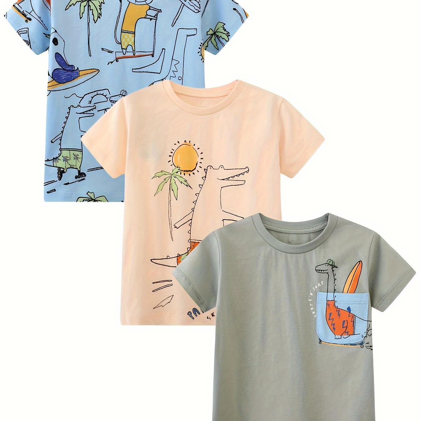 

Boys Short Sleeved T-shirt Shirt Cotton Pattern Round Neck Pocket Summer Cartoon Dinosaur Pattern Random Print Top Clothes Set Of 3 2-7y