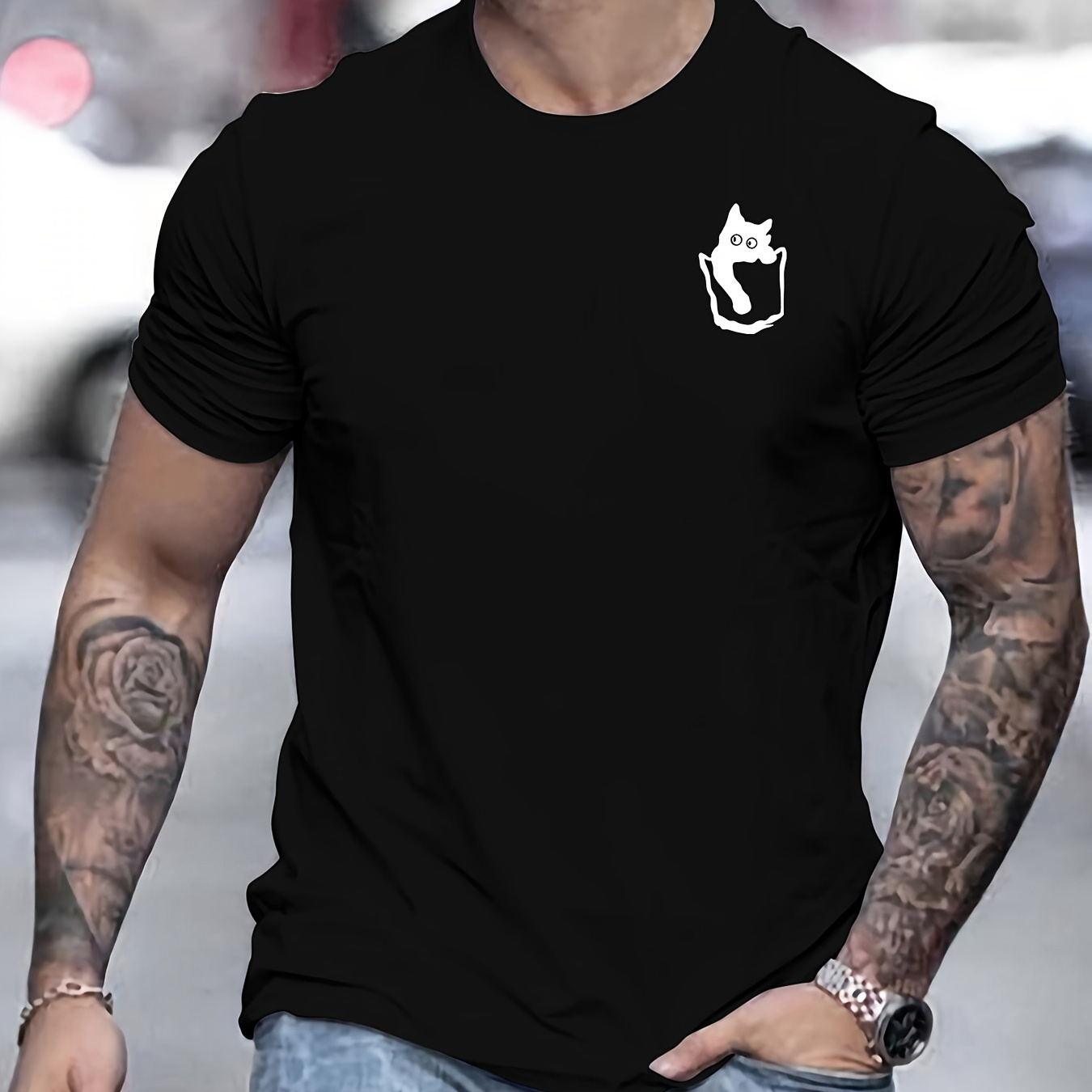 

T-shirt de fitness d'été à imprimé chat de poche pour homme