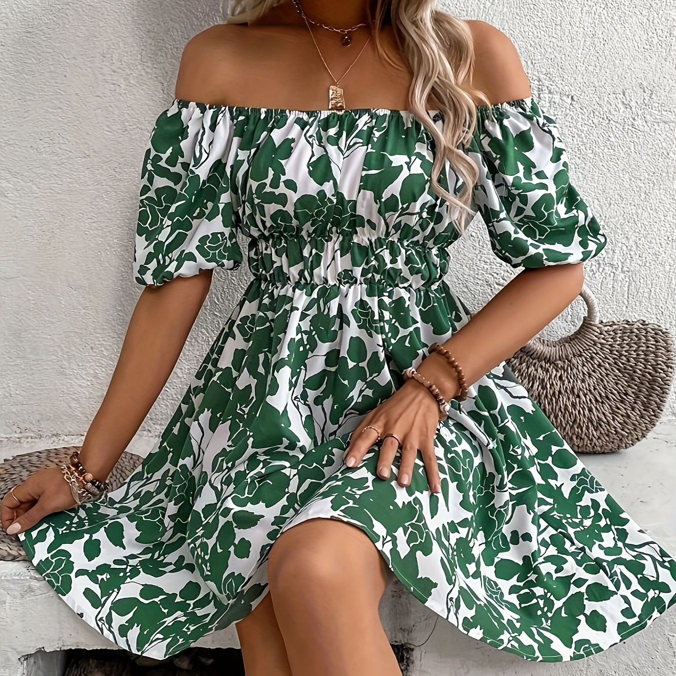 

Leaves Print Off Shoulder Aline Dress, Vacation Style Short Sleeve Swing Dress For Spring & Summer, Women's Clothing