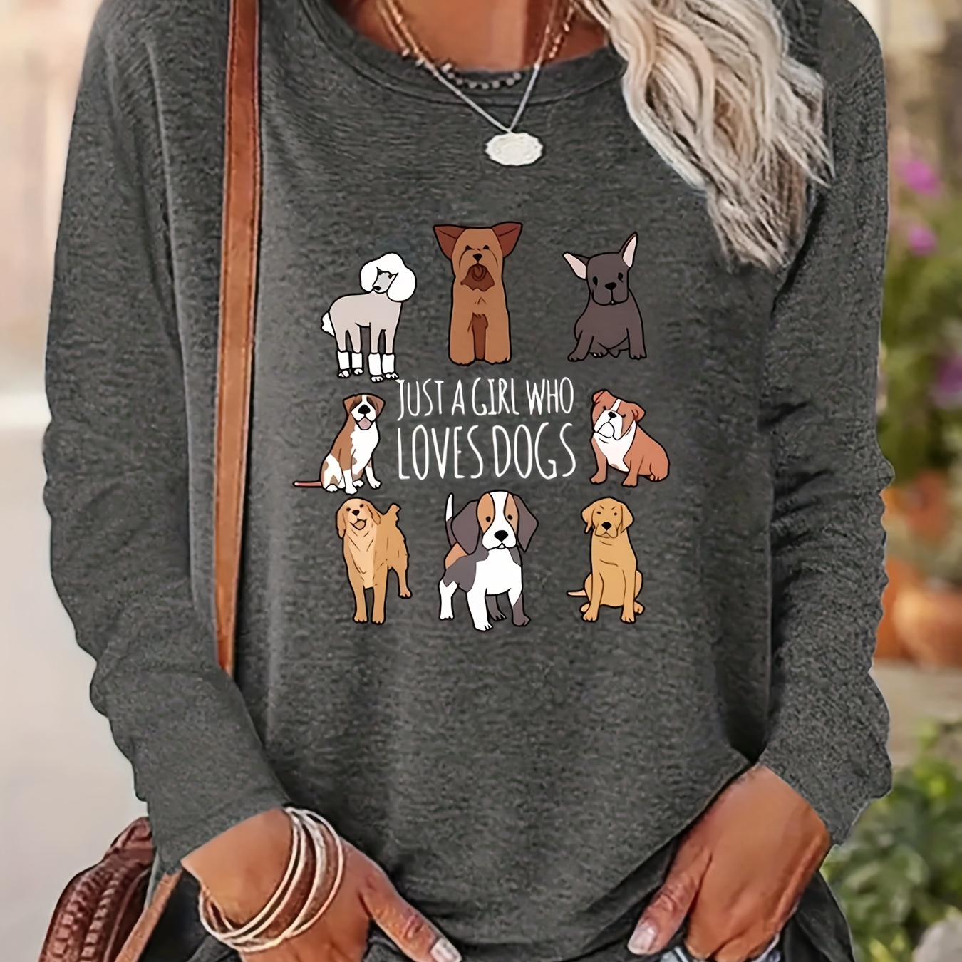 

Women's Casual Crew Neck Long Sleeve T-shirt With "just A Girl Who Loves Dogs" Print - Polyester Knit Fabric With Slight Stretch, Animal Pattern - All Season Comfort