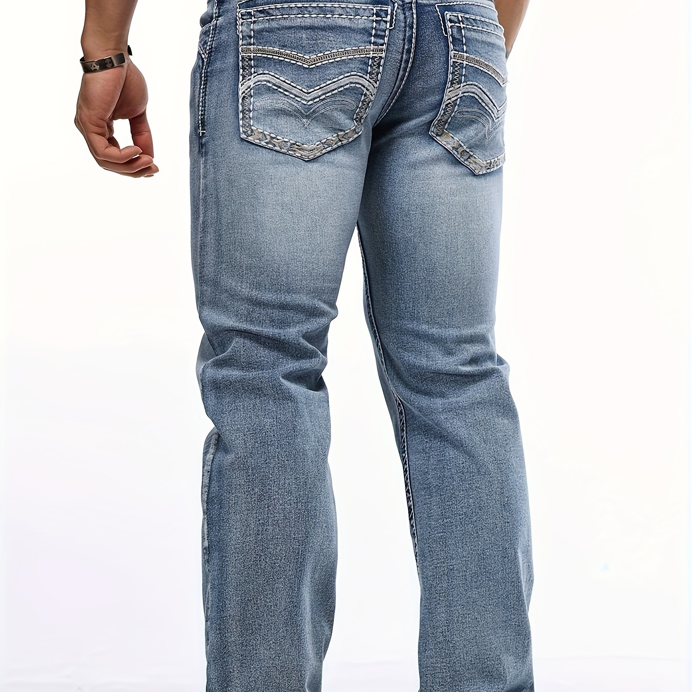 

Men's Classic Stretch Denim Jeans With Embroidered Design, Regular -season Wear With Pockets, Suitable For Adults