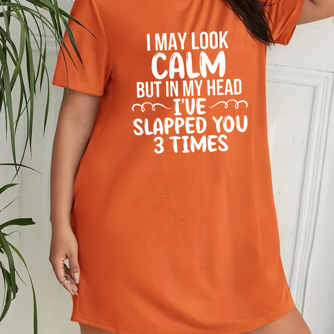 

Women's Casual Lounge Dress, Plus Size Slogan Print Short Sleeve Round Neck Sleep Dress