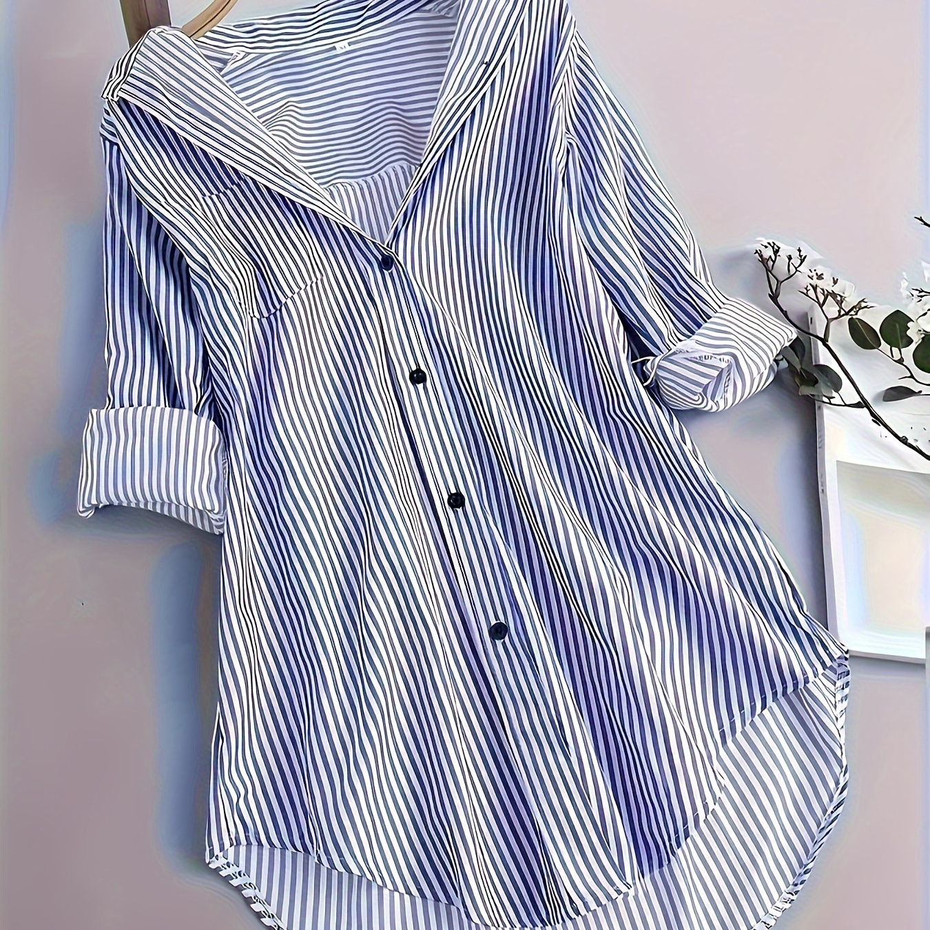 

Stripe Print Collar Button Shirt, Casual Long Sleeve Shirt For Spring & Fall, Women's Clothing